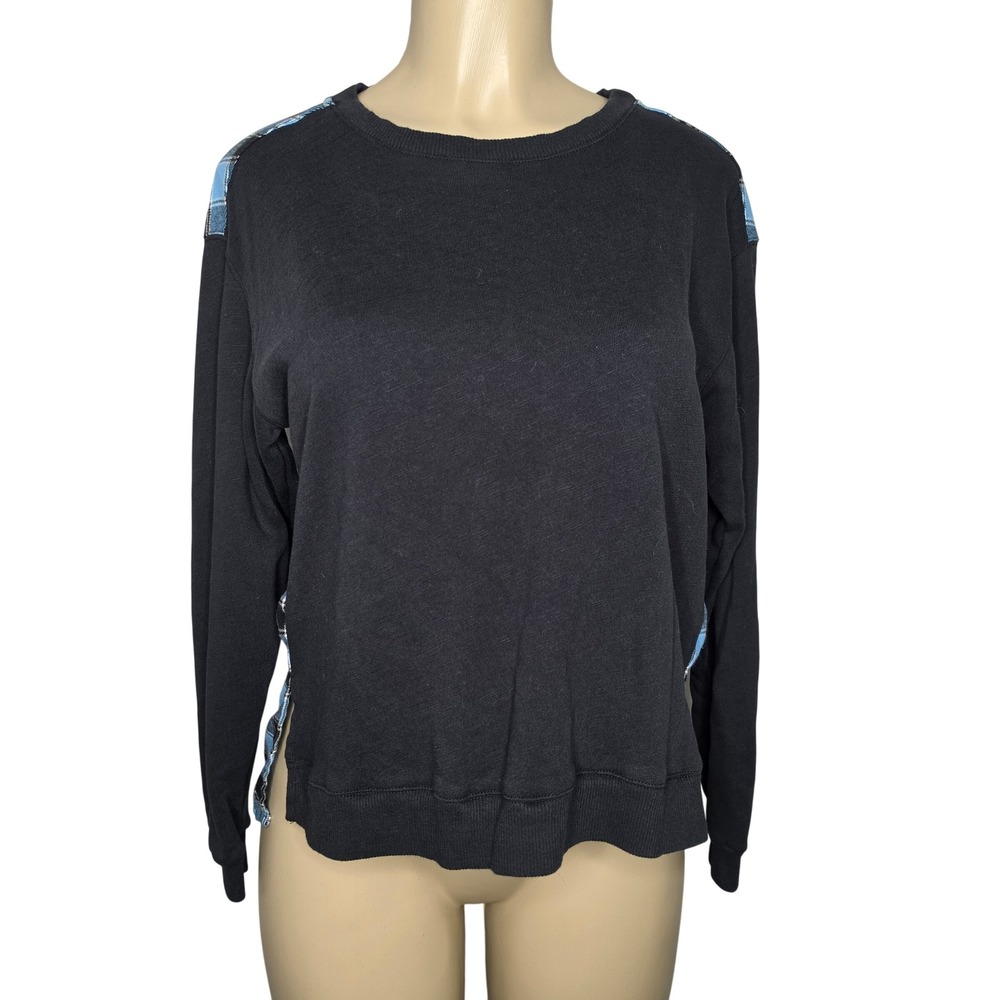 Pilcro Sweatshirt Womens Small Black Blue Plaid Mixed Media Crewneck Long Sleeve